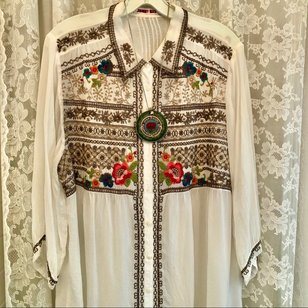JOHNNY WAS * NWOT Sheer Embroidered Button Front Collared Top